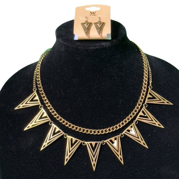 W Necklace Earring Set Triangle Pendants Geometric Design Double Chain Gold-Tone - Picture 1 of 14